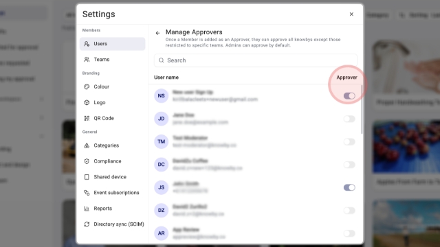 <p>Assign the <strong>Member</strong> role to your content creators.</p><blockquote style="background-color: var(--k-quote-bg-success);"><p>If you want a Member to help manage the quality of the library, remember to also toggle their <strong>Approver</strong> status in the ‘Manage Approvers’ menu of the ‘Users’ settings section.</p></blockquote><blockquote style="background-color: var(--k-quote-bg-info);"><p>Use the <strong>Admin</strong> role only for those who need to manage users and branding.</p></blockquote><p></p>