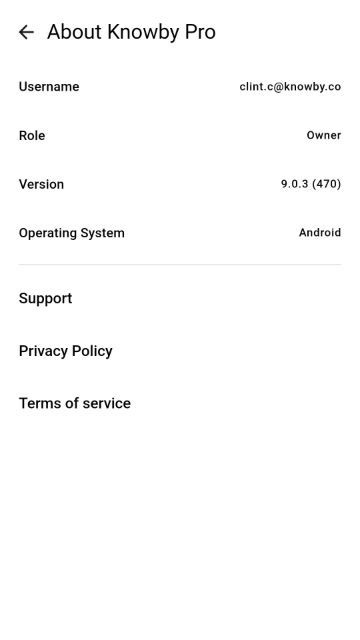 <p>Verify the version number is as expected.<br><br>You can download the latest version of the Knowby Pro App from the <a target="_blank" rel="noopener noreferrer nofollow" href="https://play.google.com/store/apps/details?id=net.knowby.worker&hl=en">Google Play Store</a></p>