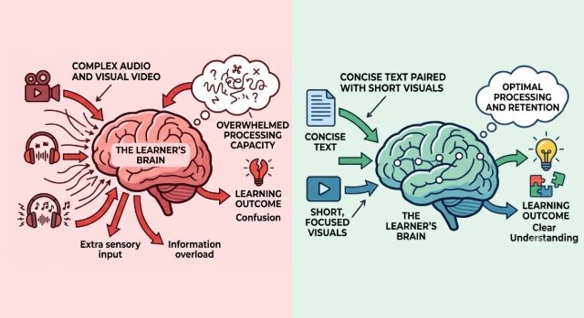 <h4>Minimizing Cognitive Overload.</h4><p>Based on <strong>Cognitive Load Theory</strong>, presenting information through both complex audio and visual video can overwhelm the brain's processing capacity.</p><blockquote style="background-color: var(--k-quote-bg-info);"><p>By focusing on concise <strong>text paired with short visuals</strong>, Knowby ensures the learner isn't distracted by "extra" sensory input.</p></blockquote><p></p>
