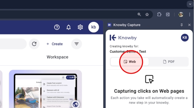 <p>Open the Knowby Capture extension and make sure the "Web" tab is selected.</p><p></p>