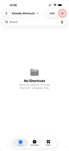 <p><span style="color: rgb(37, 37, 37); font-size: 22px; line-height: 1.4;">Open the <strong>Shortcuts</strong> app (pre-installed on iOS and MacOS). </span></p><p><span style="color: rgb(37, 37, 37); font-size: 22px; line-height: 1.4;">Tap the <strong>+</strong> in the top-right to create a new shortcut.</span></p>