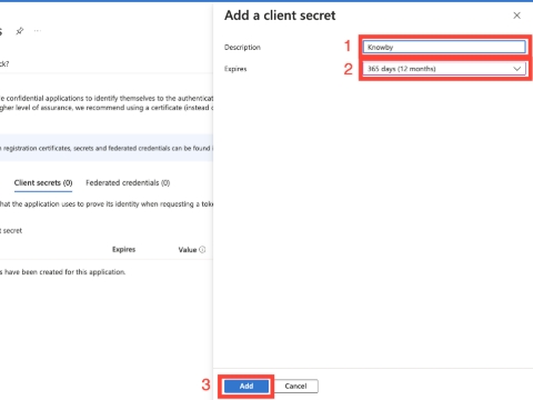 <ol><li>Add a description for the client secret in the <strong><em>Description</em></strong> field</li><li> In the <strong><em>Expires</em></strong> dropdown box, select a suitable expiry time for the client secret in line with your organisation's security policies</li><li>Then click <strong><em>Add</em></strong></li></ol><blockquote><p><span><span>⚠️ M</span>ake sure to </span>record the expiration date; you will need to renew the key before that day to avoid a service interruption.<br></p></blockquote>