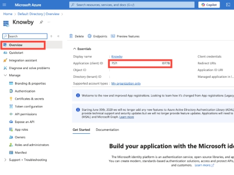<p>In the <strong><em>Overview</em></strong> section of the new enterprise application you just created, copy the <strong><em>Application (client) ID</em></strong>, and provide this to the person at Knowby supporting you with the SSO Integration.</p>