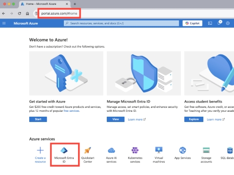 <p>Login to your <a class="e-rte-anchor" href="https://portal.azure.com" title="https://portal.azure.com" target="_blank" aria-label="Open in new window">Azure Portal</a> and select Microsoft Entra ID (formerly Azure AD).</p><p>Select the Entra ID directory that aligns with your company's public domain name associated with your user's email addresses (e.g. user@companyname.com).</p><p><br></p><blockquote><p><span>⚠️If you have more than one Entra ID directory, make sure you are in the correct directory when you register the app you want to use with Knowby. </span><br></p></blockquote><p><br></p><p><span>If you are unsure on how to use Entra ID in the Azure Portal, please refer to </span><a class="e-rte-anchor" href="https://docs.microsoft.com/en-us/azure/active-directory/develop/quickstart-register-app#add-credentials" title="https://docs.microsoft.com/en-us/azure/active-directory/develop/quickstart-register-app#add-credentials" target="_blank" aria-label="Open in new window">Microsoft's Quickstart Guide.</a><br></p>