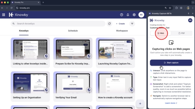 <p>Open the Knowby Capture extension and ensure the "Web" tab is selected.</p><p></p>
