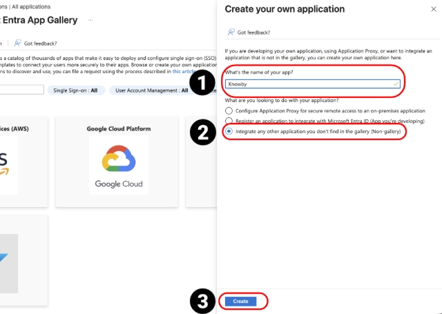 <ol><li><p>Under <strong>What's the name of your app?</strong> enter <em>Knowby</em></p></li><li><p>Select <strong>Integrate any other application you don't find in the gallery (Non-gallery) </strong></p></li><li><p>Then click <strong>Create</strong>.</p></li></ol><p></p>
