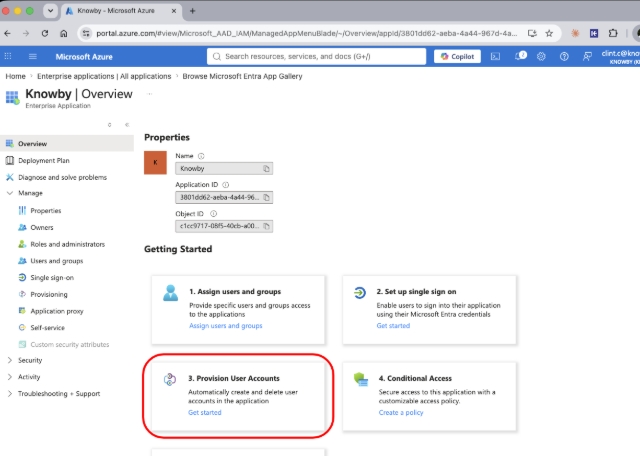 <p>In your Knowby enterprise application click <strong>Get started</strong> in the <strong>Provision User Accounts </strong>box.</p>