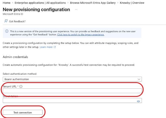 <p>Paste the <strong>SCIM base URL</strong> into the <strong>Tenant URL field</strong>, then click <strong>Test Connection</strong> — it should return <em>success</em> if the URL and token are correct.</p>