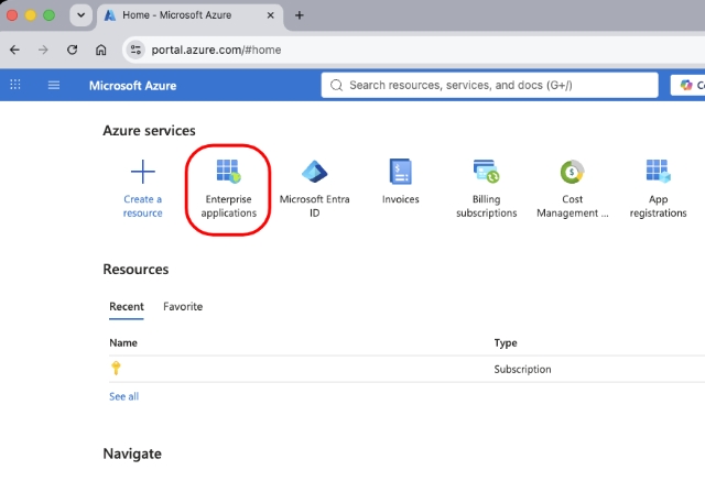 <p>Login to your company's Azure Portal.</p><p></p><blockquote style="background-color: var(--k-quote-bg-warning);"><p>If you have already created a Knowby Enterprise App as part of <a target="_blank" rel="noopener noreferrer nofollow" href="https://www.knowby.co/know-how/configure-sso-with-entra-id-for-your-knowby-organisation">Enabling Single Sign-On (SSO) for Knowby with Microsoft Entra ID</a> then skip directly to step 8.</p></blockquote><p><br>If you need to create an enterprise app in Entra ID, then click <strong>Enterprise applications</strong></p>