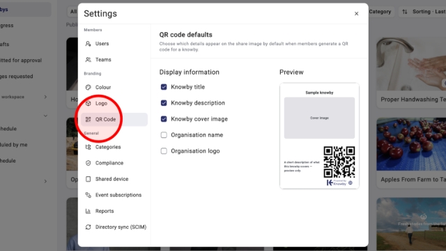 <p>To apply the same QR code options across your whole organisation, so people don't have to set them each time, go to <strong>Settings</strong>, then click into <strong>QR code</strong>. </p><blockquote><p>Keep in mind only <strong>Admins</strong> can access and change these settings.</p></blockquote><p></p>