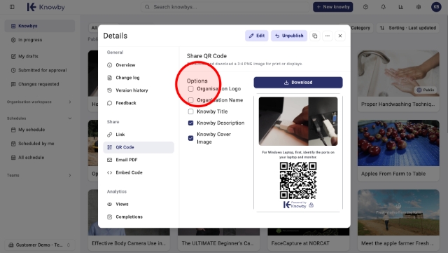 <p>When sharing a QR code, you can customise how it looks. </p><p>Tick whichever you'd like to include — <strong>Organisation name</strong>, <strong>Logo, Knowby Title</strong>, <strong>Description</strong>, <strong>Cover image</strong> — then click <strong>Download</strong> to save your QR code.</p>