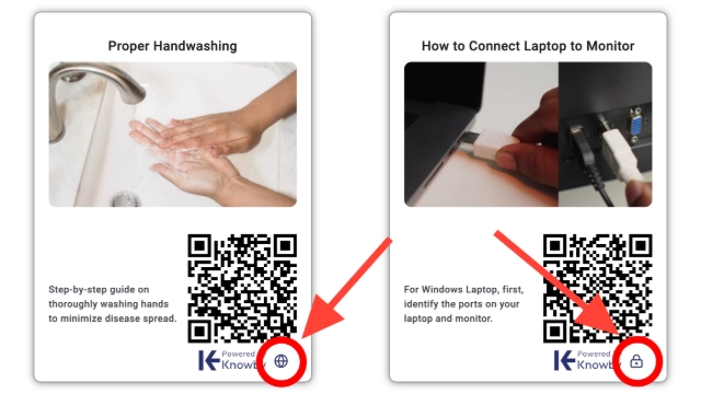 <p>Every QR code shows a small icon underneath it, so you can tell its access level at a glance:</p><ul><li><p><strong>Globe icon</strong> — <strong>Public</strong>, accessible to anyone who scans it.</p></li><li><p><strong>Lock icon</strong> — <strong>Internal</strong>, accessible only to members of your organisation.</p></li></ul><p></p>