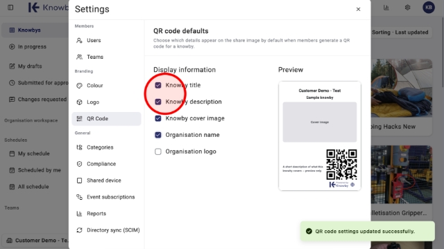 <p>As you tick each option, a preview shows roughly how the QR code will look — keep in mind it's only approximate, since the actual result depends on the content in each knowby. </p><blockquote><p>Your choices save automatically and become the default whenever someone shares a QR code, though it can still be customised for each individual knowby.</p></blockquote><p></p>