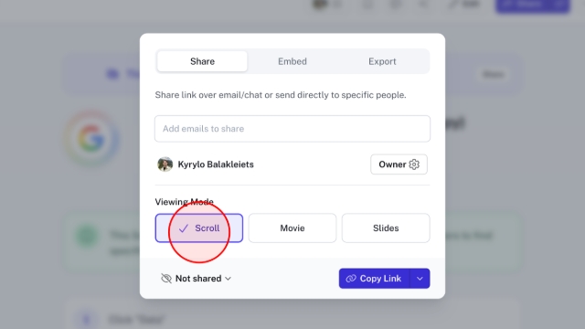 <p>When the dialog box appears, stay on the Share tab to view the available visibility and display options and select <strong>Scroll</strong> in the Viewing Mode section.</p>