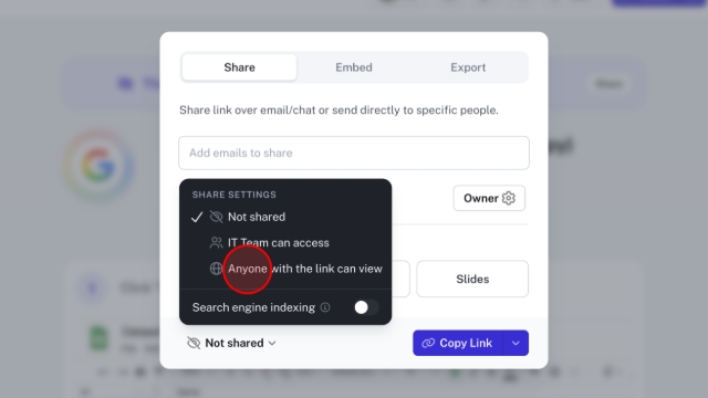 <p>Click the dropdown menu in the bottom-left corner and select <strong>Anyone with the link can view</strong>.</p>