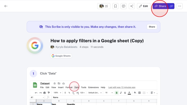 <p>Open your Scribe. </p><p></p><p>Click the <strong>Share</strong> button in the top right corner of your Scribe to open the menu.</p>