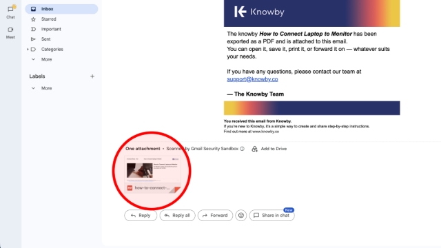 <blockquote><p>The PDF might not land straight away — it can take a couple of minutes, depending on the size of your knowby.</p></blockquote><p>You'll find it as a PDF attachment in the email.</p>