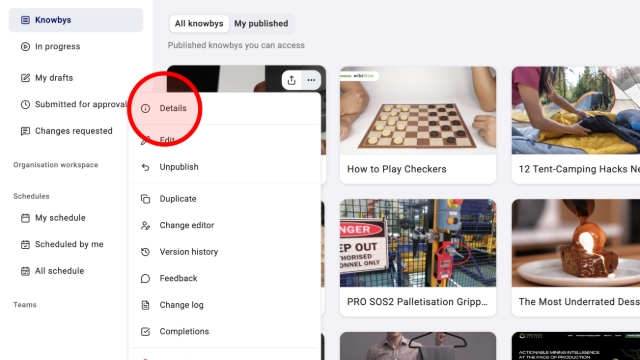 <p>You can export any knowby as a PDF and have it emailed straight to an inbox — handy for printing, archiving, or sharing outside Knowby. </p><p>Find the knowby you want, click the <strong>three-dot menu</strong> on its card, and select <strong>Details</strong>.</p>