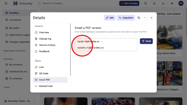 <p>Your own email address is added automatically as a recipient. </p><p>To add more, click the text field and type in as many as you need, separated by spaces. </p><p>Once you're done, click <strong>Send</strong>.</p>