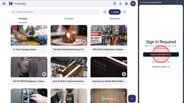 <p>Click "<strong>Sign in to Knowby Pro</strong>" and enter your details. You must be part of an organisation to capture steps.</p><p></p><p>If you don't have an account, click "<strong>Create an account</strong>".</p>