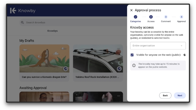 <h3>👍 Approvals &amp; Publishing</h3><p><span>Review knowbys using structured approvals, then publish them privately or publicly. Perfect for official releases and compliance:</span></p><ul><li><a class="e-rte-anchor" href="https://knowby.show/82b38b80-ac08-40ea-b613-faf49fb972b8" title="https://knowby.show/82b38b80-ac08-40ea-b613-faf49fb972b8" target="_blank" aria-label="Open in new window"><span>Approving knowbys<br></span></a></li></ul>