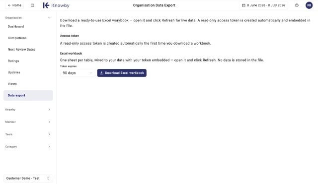 <p><strong>Data export</strong> lets you download a ready-to-use Excel workbook — open it and click <strong>Refresh</strong> for live data.</p><ul><li><p><strong>Access token</strong> — a read-only access token is created automatically the first time you download a workbook, and embedded in the file.</p></li><li><p><strong>Excel workbook</strong> — one sheet per table, wired to your data with your token embedded. Open it and click <strong>Refresh</strong>. No data is stored in the file.</p></li></ul><p></p>
