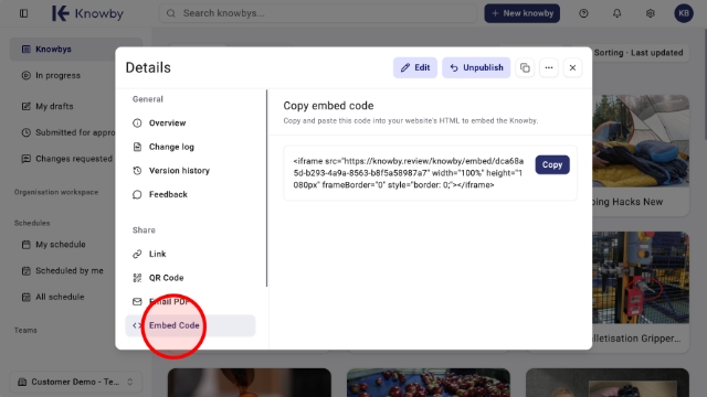 <p>Using iFrames, you can embed a public knowby straight into your website. To get the embed code, click the <strong>three-dot menu</strong>, go to <strong>Knowby Details</strong>, and select <strong>Embed Code</strong>.</p><blockquote><p>Keep in mind your knowby needs to be set to <strong>Visible for anyone on the web (public)</strong> before you can copy the code.</p></blockquote><p></p>