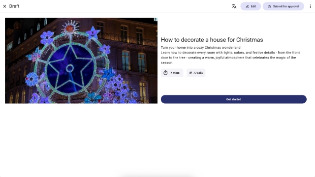 <p>After editing and publishing your <strong>knowby</strong>, the <strong>title</strong> and <strong>description</strong> will appear on the introduction screen before users start the guide.</p><p><strong>Here’s what will be displayed:</strong></p><ul><li>The title at the top.</li><li>The description below, summarizing the knowby.</li><li>An estimated completion time to inform users how long the guide will take.</li><li>A "<strong>Get started</strong>" button to begin the knowby.</li></ul>