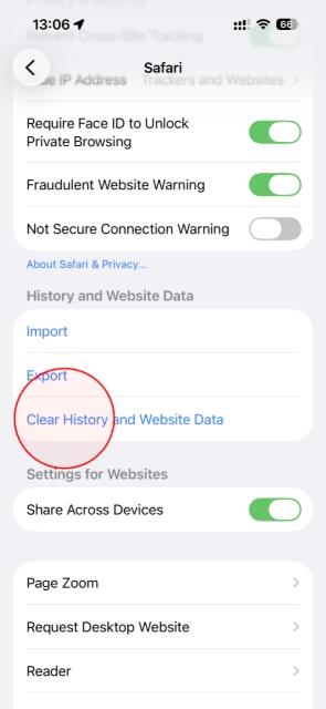 <h3>Select Clear History</h3><p></p><p>Scroll toward the bottom of the Safari settings page and tap <strong>Clear History and Website Data</strong>.</p>
