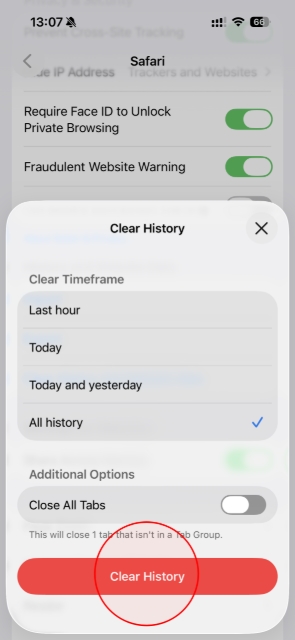 <h3>Confirm Data Deletion</h3><p></p><p>Select <strong>All History</strong> and tap <strong>Clear History</strong> to confirm the removal of cached data and cookies.</p>