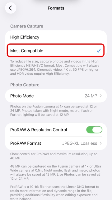 <p>Under <strong>Camera Capture</strong>, select <strong>Most Compatible</strong>.</p>