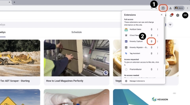 <ol><li><p>Click the <strong>Extensions</strong> icon (puzzle piece) in the top-right corner of your Chrome browser toolbar.</p></li><li><p>In the Extensions panel, find <strong>Knowby Capture</strong> in the list and click the <strong>Pin</strong> icon next to it. The pin icon will turn solid, indicating the extension is now pinned.</p></li></ol><p></p>