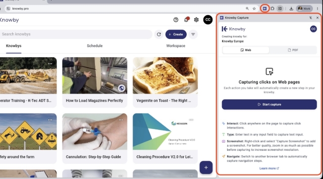 <p>Clicking on the <strong>Knowby Capture</strong> extension in your Chrome toolbar anytime will open the side panel so you can start capturing the website you are on.</p>