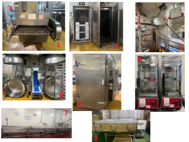 <h2>High-Temperature and Steam machine/ equipment</h2><p></p><p>What machines typically involve high heat and steam during operation?</p><ol><li><p>Oil Fryer (7237,7219)</p></li><li><p>Pasteuriser (7224,7225,1244)</p></li><li><p>Spiral Oven (7388)</p></li><li><p>Kettle Cooker (6211,6210)</p></li><li><p>Steamer (7228,7227,7226,7235)</p></li><li><p>Steamer Box (In Staff Canteen)</p></li><li><p>Cooking/Gelling Tank (7205,7206)</p></li><li><p>Crate Washing Machine (9231)</p></li></ol><p></p>