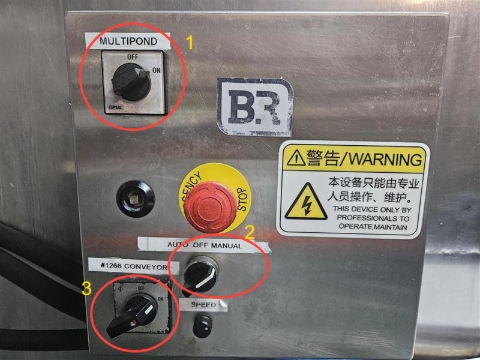 <p> Set the switches inside the red circle in the photo to positions 1, 2, and 3 in the order shown, and then turn on the Multipond weighing system controller and the 1266 white conveyor.</p>