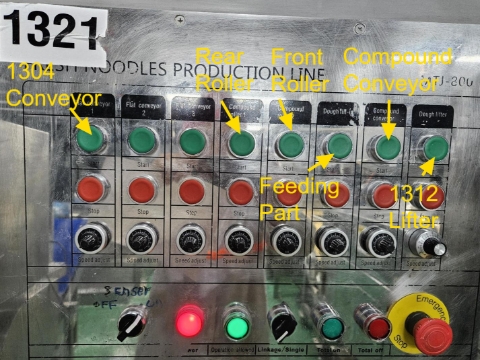 <p>When the dough moves along the 1310 conveyor to the compound sheeter, the operator checks the setting of the compound sheeter, conveyor and lifter on the 1321 controller box</p>