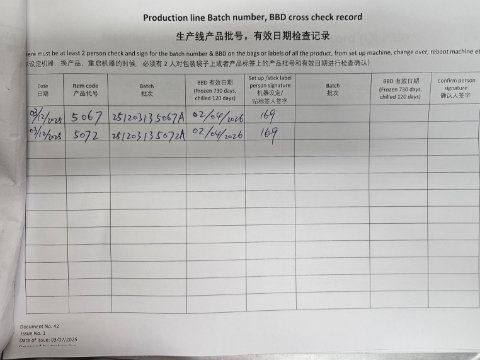 <p> On the Production Batch Number & BBD Check form, verify and record the production date, item code, batch, and BBD for accuracy.</p>