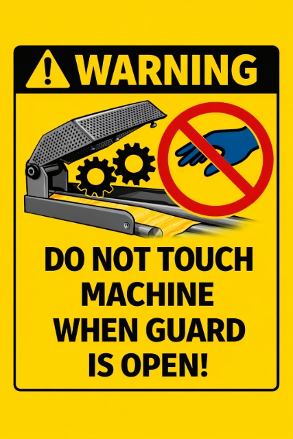 <p><strong>PLEASE BE AWARE:</strong></p><ol><li><p>The rollers on this machine can easily catch hands and cause serious injury.<br><strong>Watch out for pinch points at all times.</strong></p></li><li><p>When the guard is open for cleaning,<br><strong>DO NOT touch any moving parts of the machine.</strong><br>This is extremely dangerous.</p></li></ol><p></p>