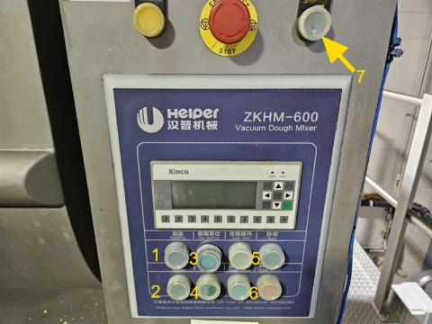 <p>Please refer to the mixer control buttons.</p><ol><li><p>Forward rotation of the dough paddle</p></li><li><p>Reverse rotation of the dough paddle</p></li><li><p>Tilt the mixer body downward</p></li><li><p>Tilt the mixer body upward</p></li><li><p>Open mixer cover</p></li><li><p>Close mixer cover</p></li><li><p>Operate</p></li></ol><p></p>
