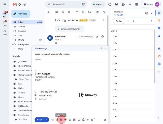 <p>Open a new Gmail message using the full-window compose URL: https://mail.google.com/mail/u/0/?view=cm&fs=1&tf=1 — the normal Compose button renders the window off-screen at this Chrome zoom. Send to tasdairysystems@gmail.com. Subject: "Milker draft - <today's date>". In the body, state the filter used, then list each cow's ear tag with days since calving and ruminating mins/24h. If no cows match, say so and still send.</p>