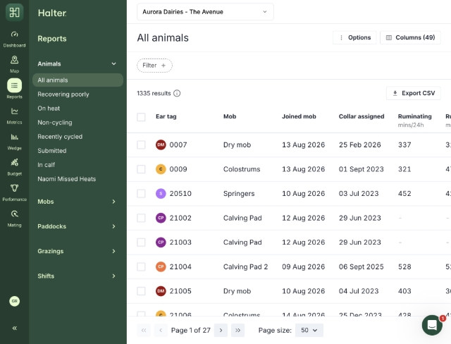 Navigate to: <a href="https://app.halter.io/farms/9a74f3f7-0696-4c09-a3bb-bf7c31cc8699/data/animals/all" target="_blank" rel="noopener noreferrer">All animals - Halter</a>