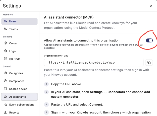 <p>In settings in Knowby (desktop only) choose AI assistants and turn on the Allow button.</p>