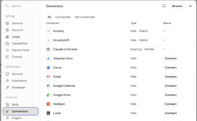 <p>In setting in Claud select connectors and connect Knowby.</p>