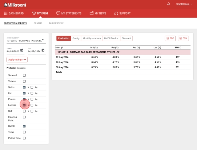 <p>Click these 5 check boxes.</p><p>solids %, fat %, Protein %, Lactose % and BMCC</p>