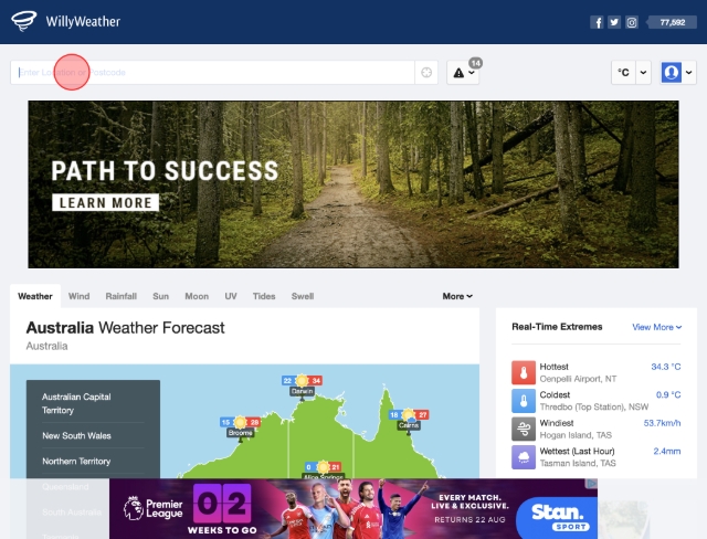 <p>Now go to willyweather.com.au</p><p>Click "Enter Location or Postcode".</p>