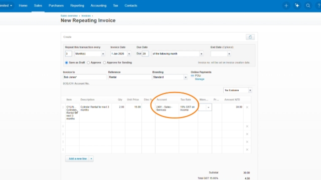 <p><strong>Double Check</strong></p><p></p><p>Make sure that the Account is '<strong>2401 Sales-Services</strong>' and that Tax Rate is '<strong>15% GST on Income</strong>'.</p>