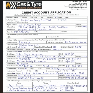 <p><strong>Credit Application</strong></p><p>Firstly the business must complete a credit application.</p><p>A credit application is possibly one of a company’s most powerful documents as it is a legally binding contract between the customer and Gas and Tyre. Failure to get all the necessary information can result in us writing off thousands of dollars, whereas with the correct information we could send the customer to the debt collectors.</p><p>Therefore it is imperative that this application is filled out correctly by the directors of the company.</p><p></p><blockquote><p>Please note that having a credit is account is a privilege for our customer rather than a privilege for gas and tyre.</p></blockquote><p></p>