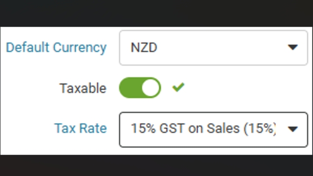 <p><strong>Double Check</strong></p><p></p><p>These items should already be correct but it is good practice to double check them. </p><p><strong>Default Currency:</strong></p><p>This should be set to '<strong>NZD</strong>'.</p><p><strong>Taxable:</strong></p><p>This should be turned on.</p><p><strong>Tax Rate:</strong></p><p>This should be set to '<strong>15% GST on Sales</strong>'.</p><p></p>