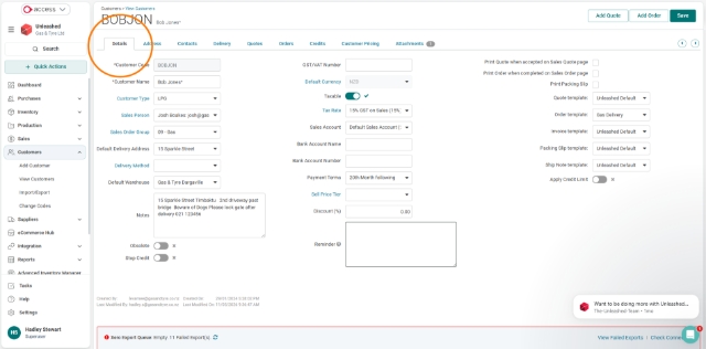 <p><strong>Details Tab</strong></p><p></p><p>Open the details tab for the customer. When you open the customer it should automatically open on this page, but if not you may have to select it.</p>