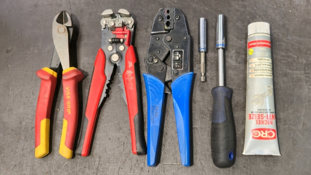 <p><strong>Tools and Consumables Required:</strong></p><p>Side cutters</p><p>Wire Stripper</p><p>Terminal Crimper</p><p>8mm Socket and Driver</p><p>10mm Socket </p><p>Antiseize or grease for SS threads</p>